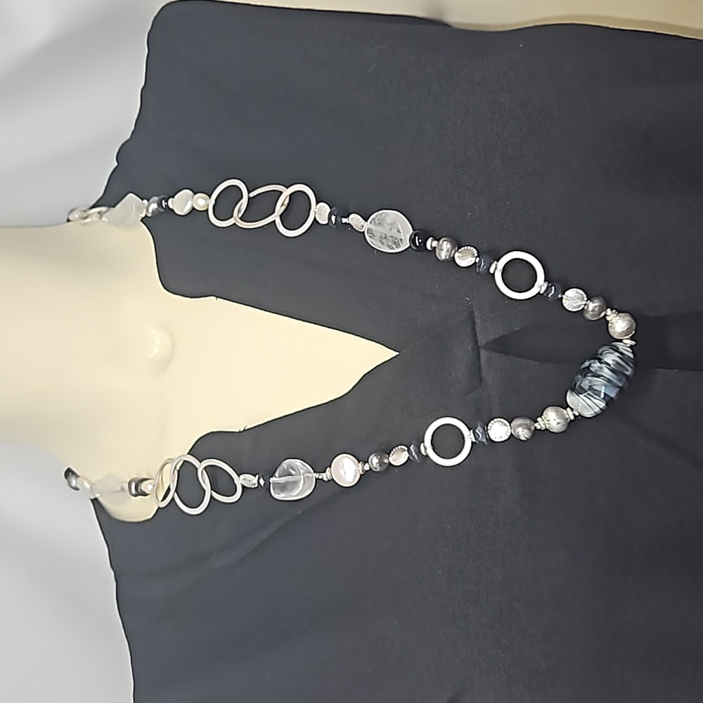 Silver Tone Long Rock Crystal & Onyx Freshwater Pearls & Coin Pearl Necklace